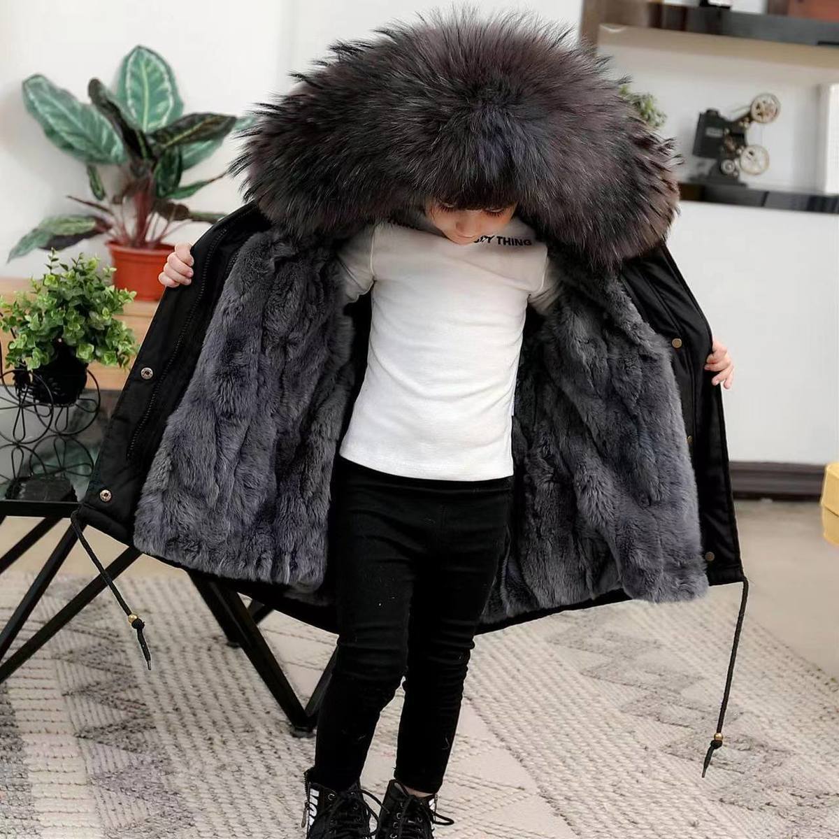 2021 New Winter Children's Rex Rabbit Fur Coat Girls Boys Little Boys Foreign Style Big Fur Collar Pie Overcoat