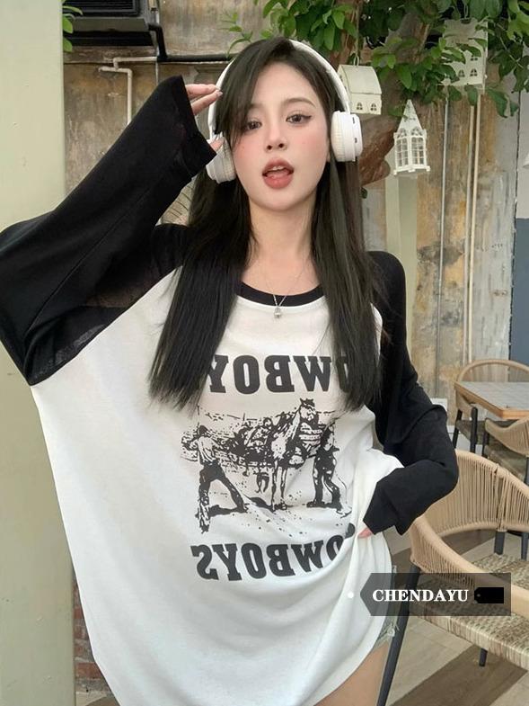 Chen Dayu summer retro new loose fashion sunscreen mid-length letter print long-sleeved T-shirt women's students