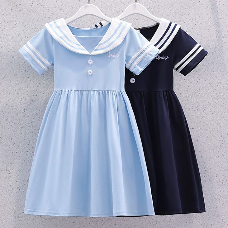 女童海军学院风连衣裙2022夏季短袖新款洋气儿童女孩夏装薄款裙子