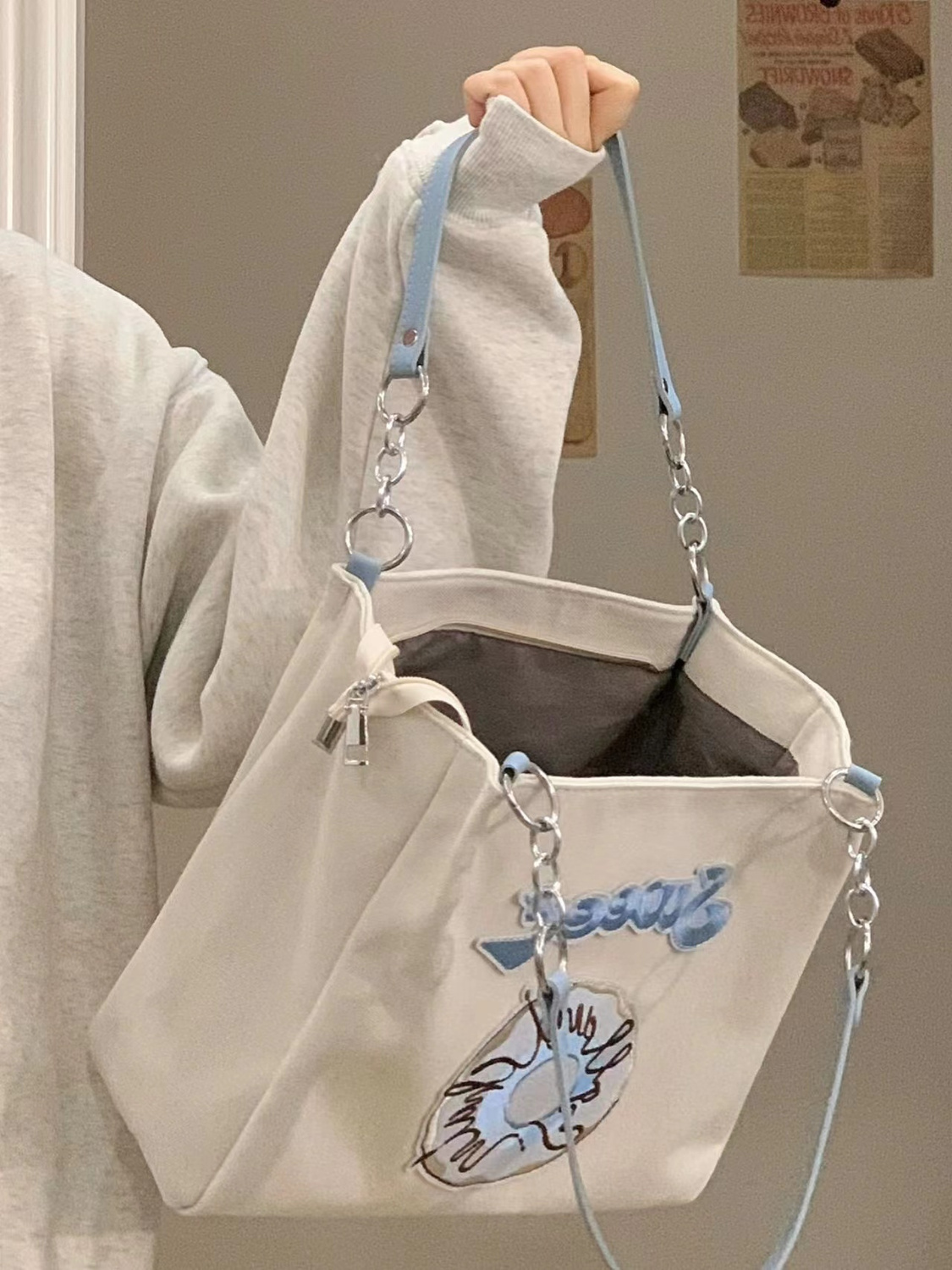 上課通勤包2023新款休閒刺繡甜甜圈托特包大容量帆布包單肩手提包
