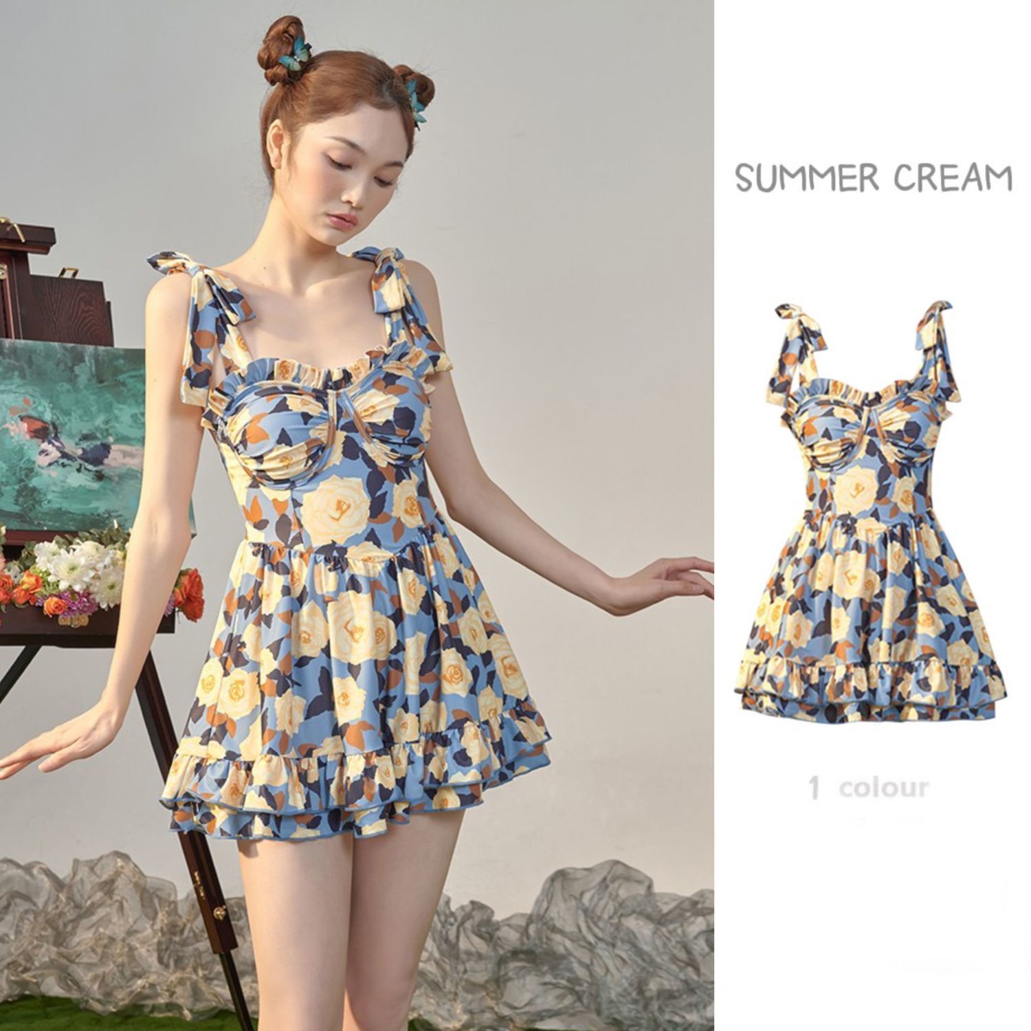 [Oil Paint Monet] Internet celebrity style 2023 new French hot style conservative hot spring one-piece swimsuit female fairy style