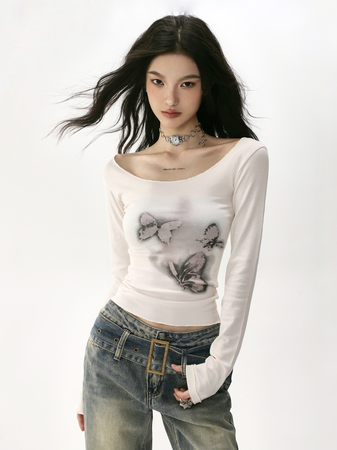 美式蝴蝶印花扎染長袖T恤女2023春秋季ins修身顯瘦打底衫辣妹上衣