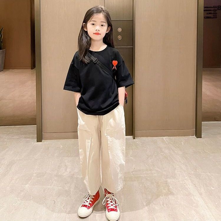 Children's cotton short-sleeved T-shirt  summer new Korean version of the big children's foreign style girls' loose embroidery clothes