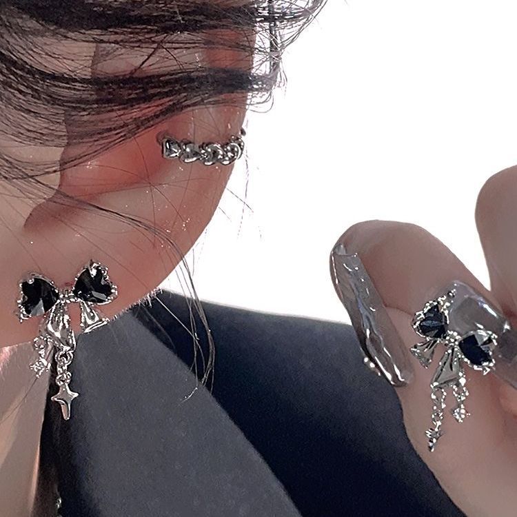 S925银针星光璀璨蝴蝶结锆石耳钉女小众设计感高级时尚气质耳环