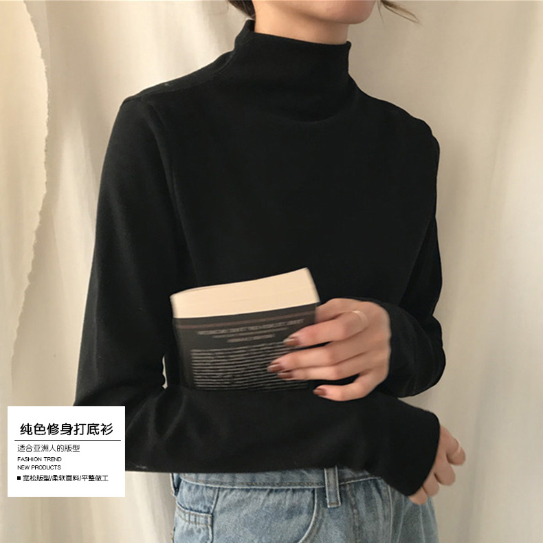 2023 Autumn and Winter Hong Kong style T-shirt tops, versatile and stylish, half-turtle collar for women, slimming black bottoming shirt