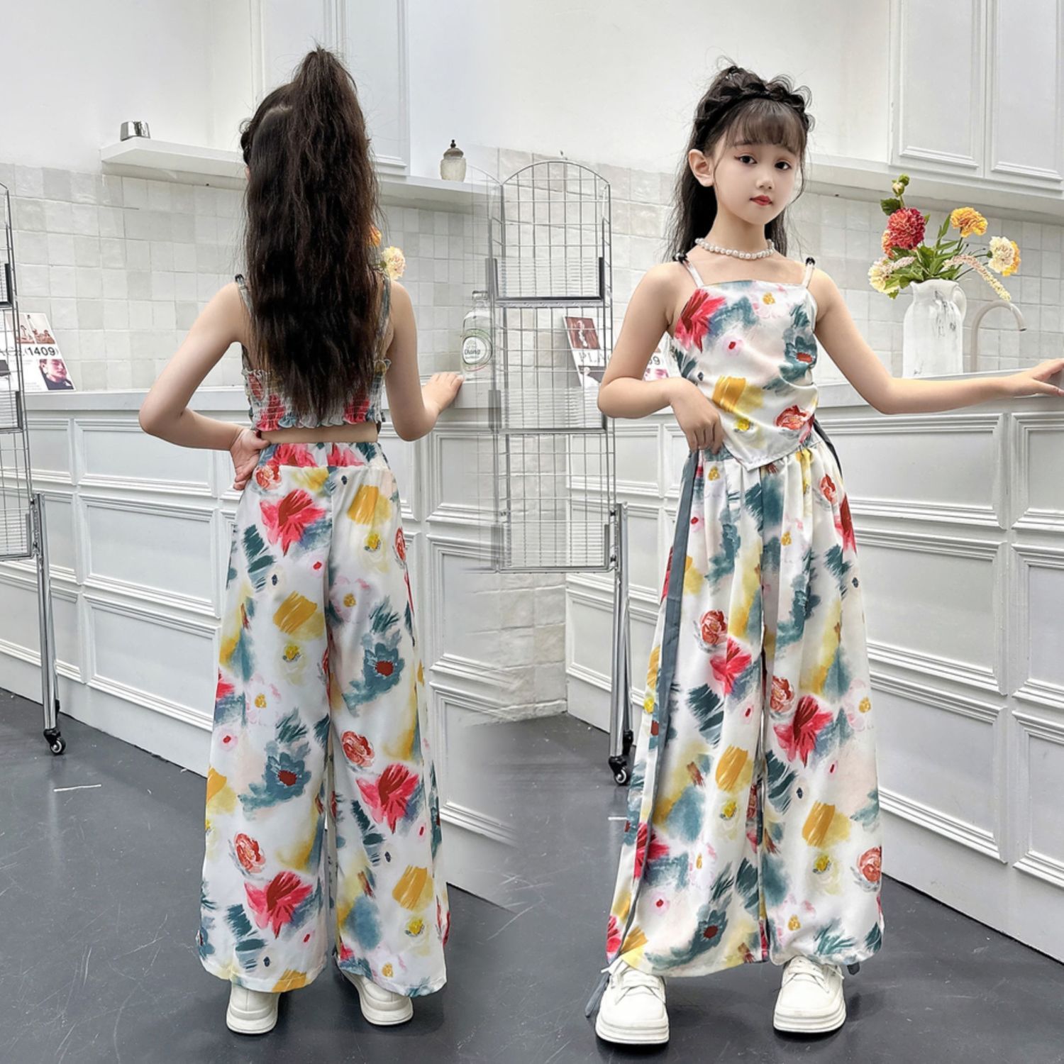 Girls summer clothing set, children's Korean trendy and personalized children's clothing, fashionable temperament for older children, French ice silk two-piece set