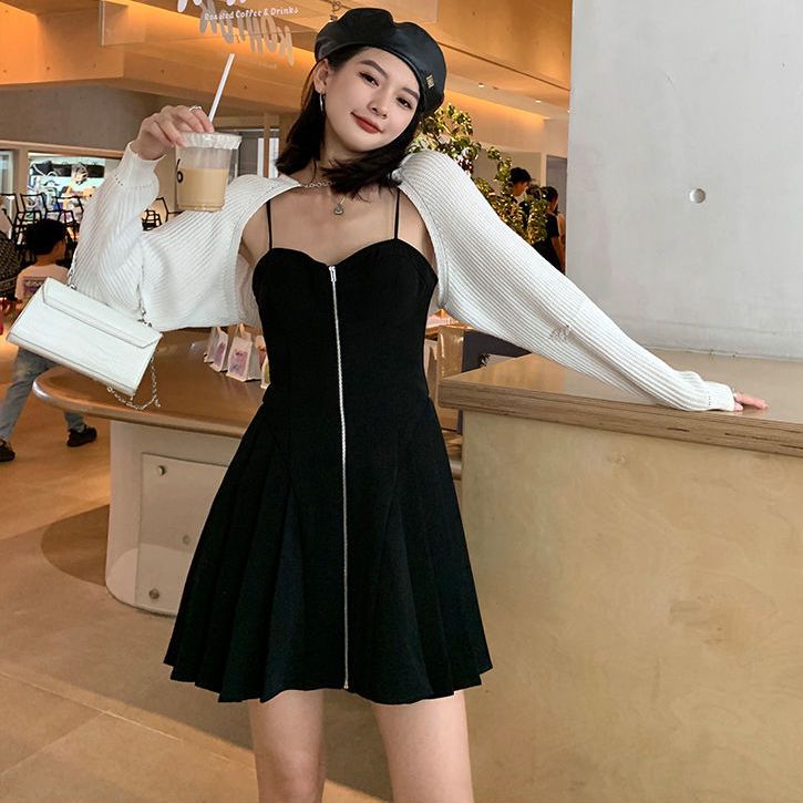 大碼女裝2022秋季針織外搭上衣胖mm性感抹胸拉鏈吊帶連衣裙女套裝