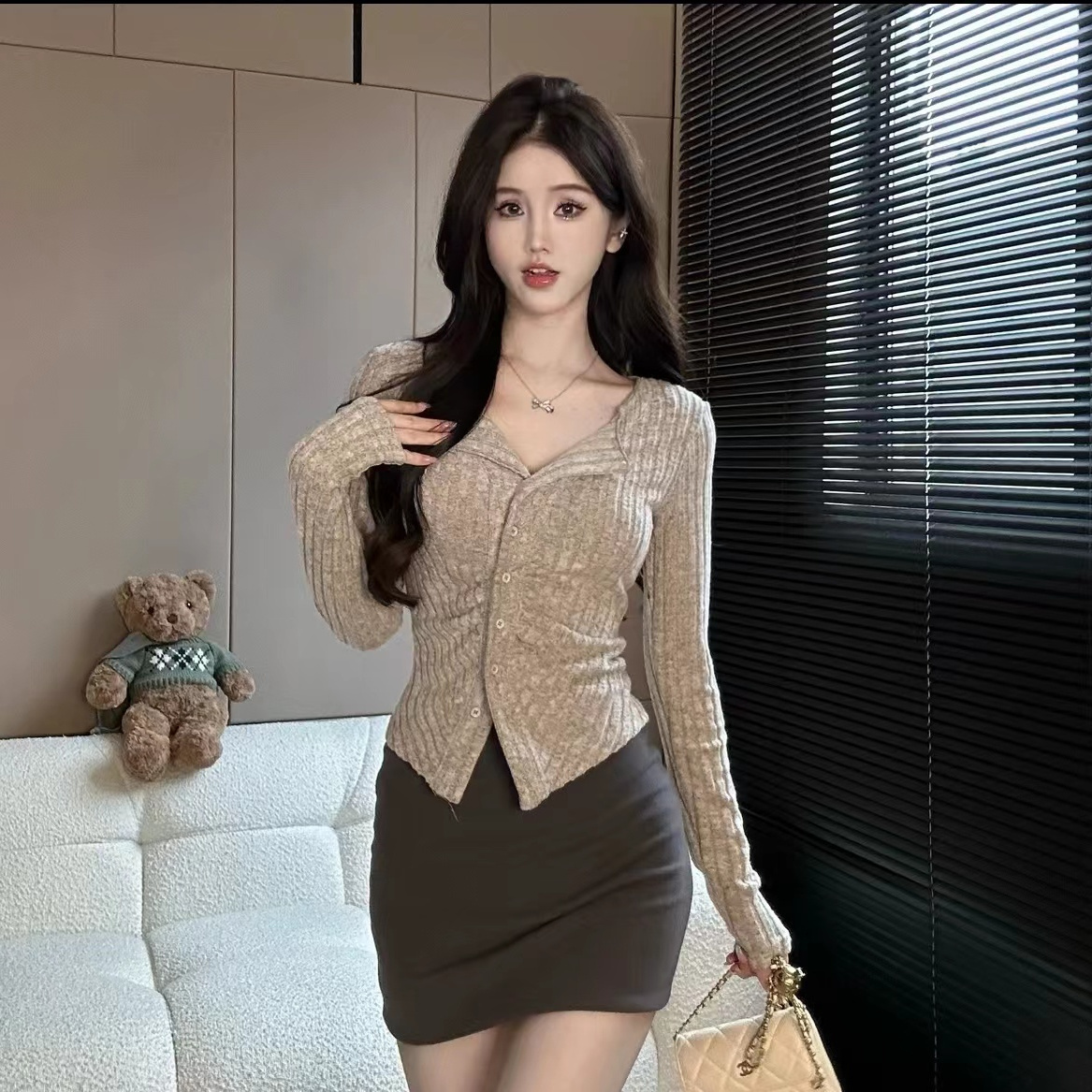 純欲風辣妹長袖針織開衫女早秋新款氣質甜美修身毛衣時尚百搭上衣