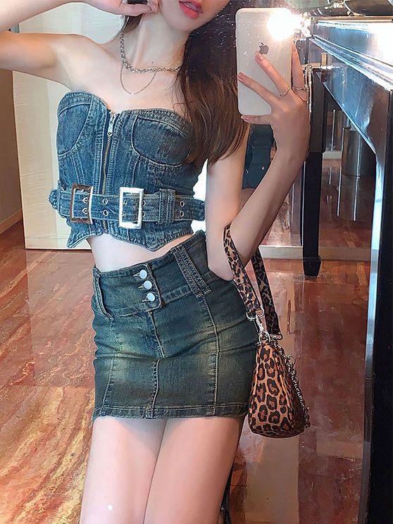 American style street sexy super hot girl old washed denim tube top for women ins retro summer tube top trend