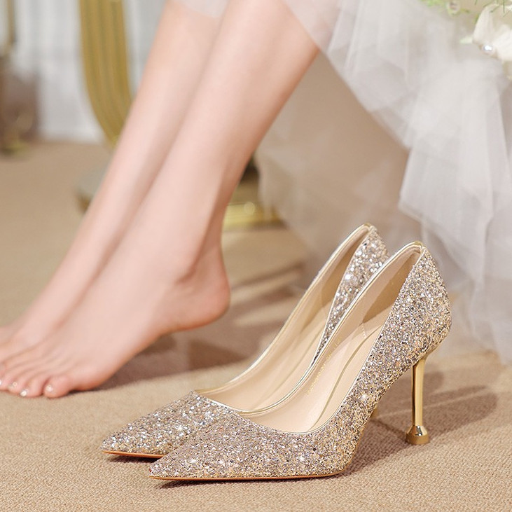 法式主婚鞋禾秀婚纱两穿新娘鞋夏季女金色水晶高跟公主结婚伴娘鞋
