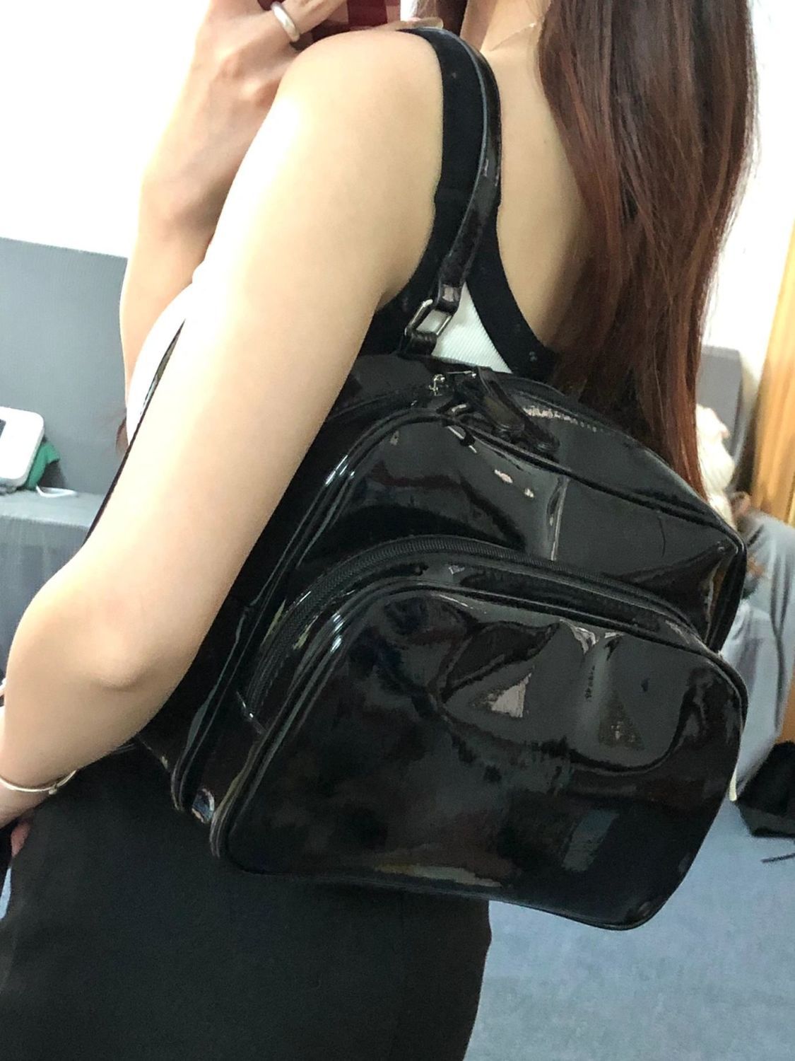 Jennie同款亮麵包包女包2023夏季新款單肩包韓國時尚黑色雙肩背包