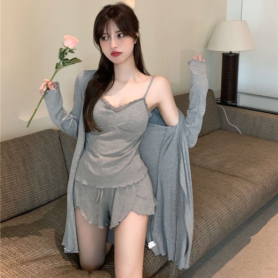 Pajamas set with chest pad women's summer Korean fashion thin section pure desire style sexy vest casual shorts three-piece set