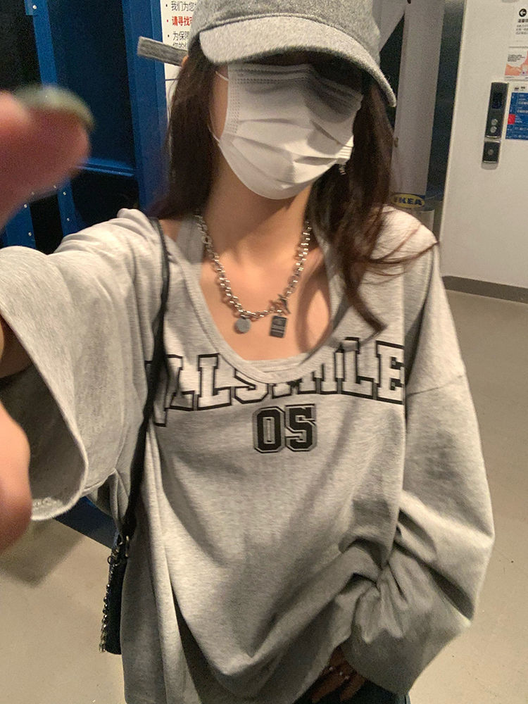 辣妹甜酷长袖t恤女挂脖吊带背心叠穿两件套hiphop卫衣薄款ins上衣