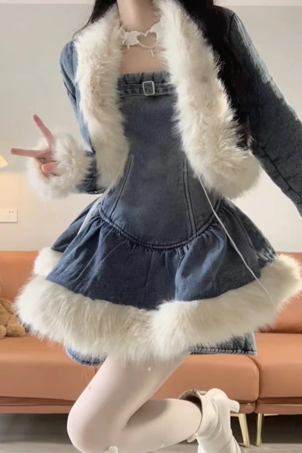 Herbst Winter High-End Koreanischen Stil Chic Gespleißt Denim Jacke + Camisole Rock Hosen Abnehmen Vielseitige Set_voghion.com