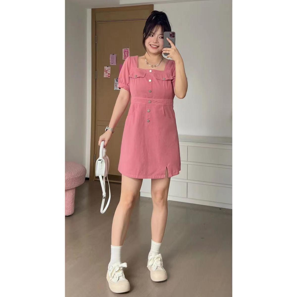 2023 micro-fat custom fat mm French style white peach pink dress sweet and versatile A-line skirt covering meat long skirt