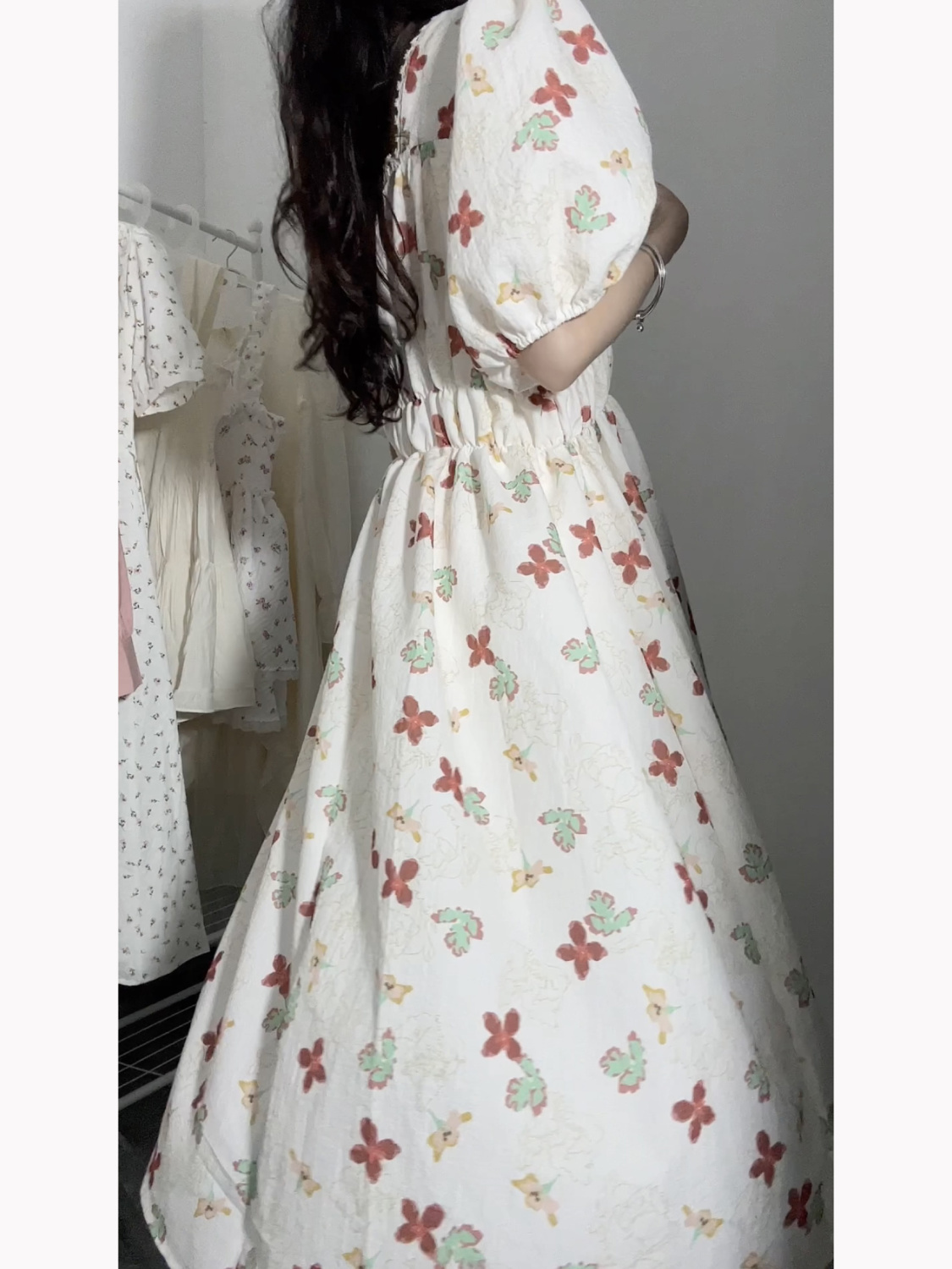 French style gentle style retro square neck puff sleeve floral dress female student Korean version high waist mid-length skirt