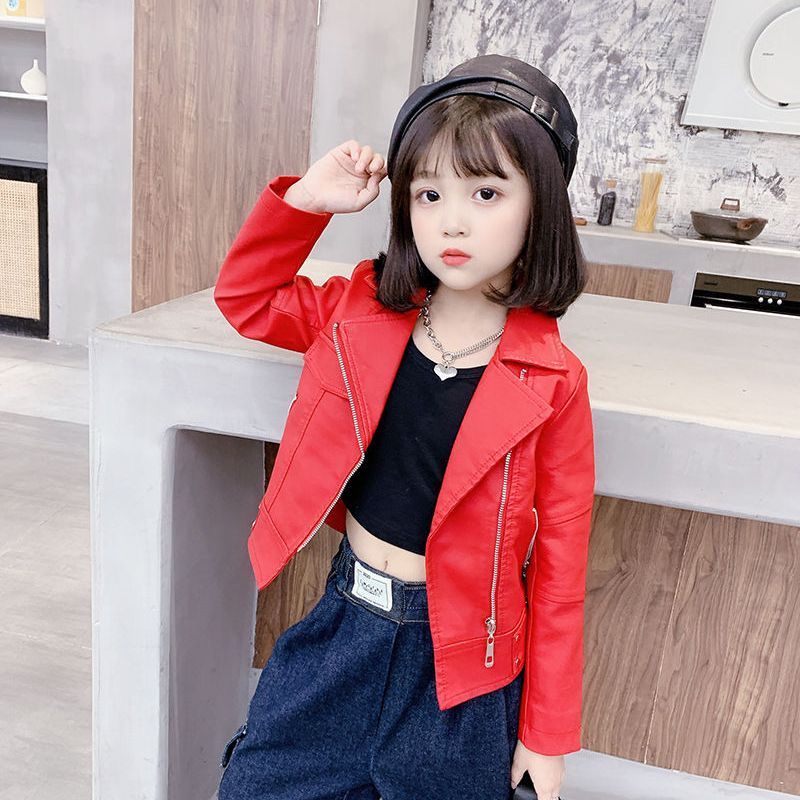 Children's leather jacket spring and autumn new girls motorcycle clothing foreign style pu soft leather jacket big children's pink jacket early autumn