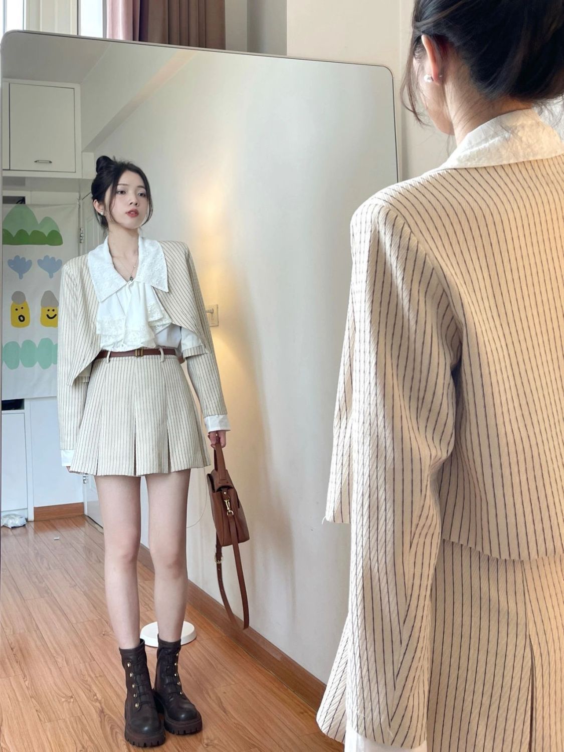 Three-piece suit light luxury style spring and autumn high-quality striped small suit jacket wearing a large lapel shirt skirt