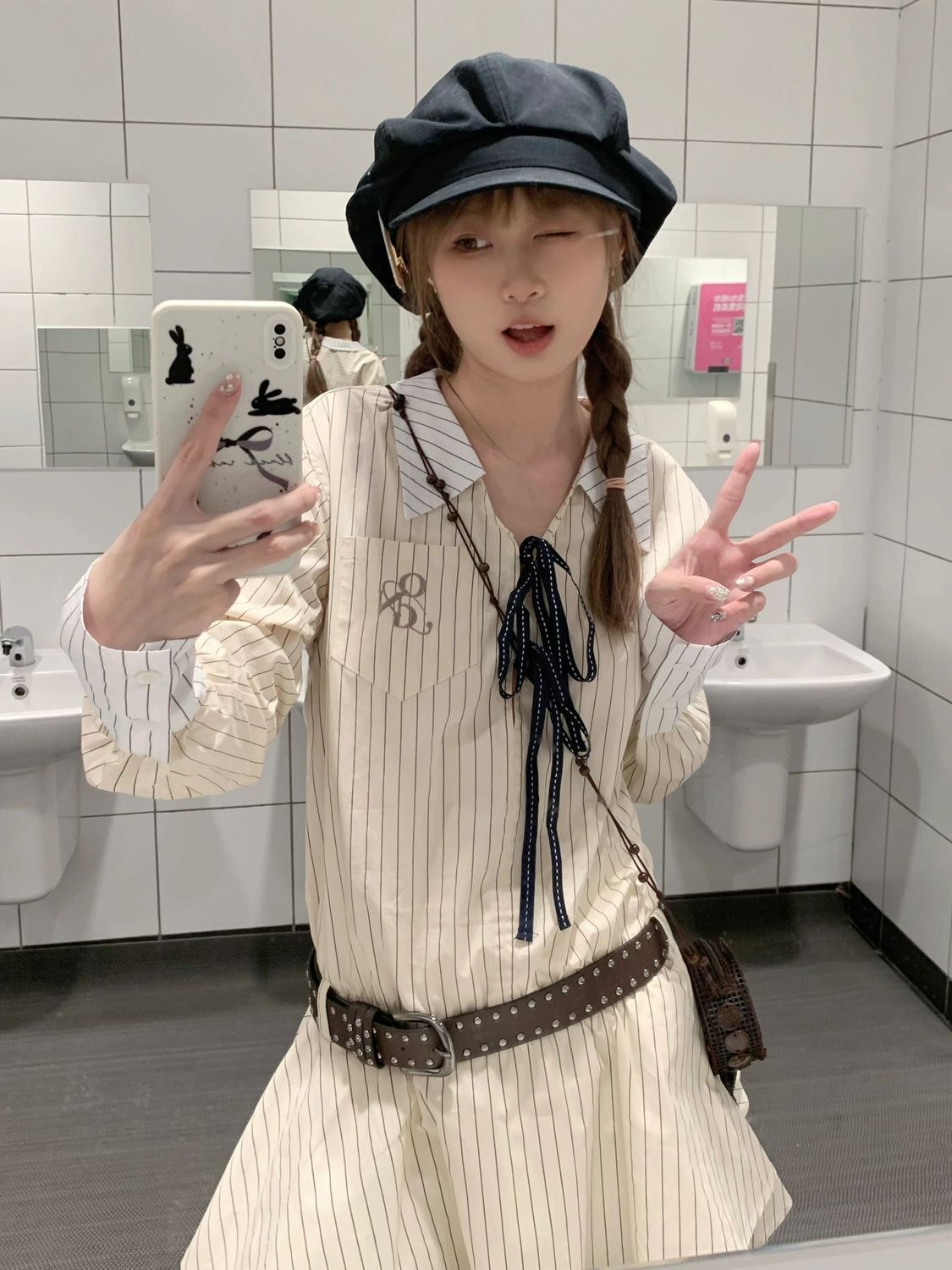 活潑減齡長袖條紋襯衫連衣裙女春秋新款設計感學院風顯瘦短裙可愛