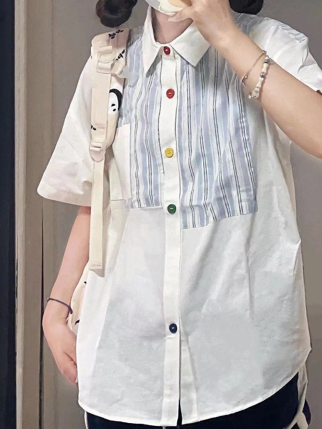 2023新款日系彩色扣子藍色條紋襯衫短袖女小眾設計感寬鬆百搭襯衣