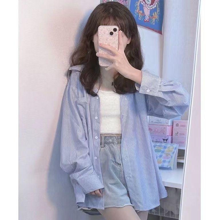 淺藍襯衫女春夏新款韓版學生寬鬆長袖襯衣港風復古設計感百搭上衣