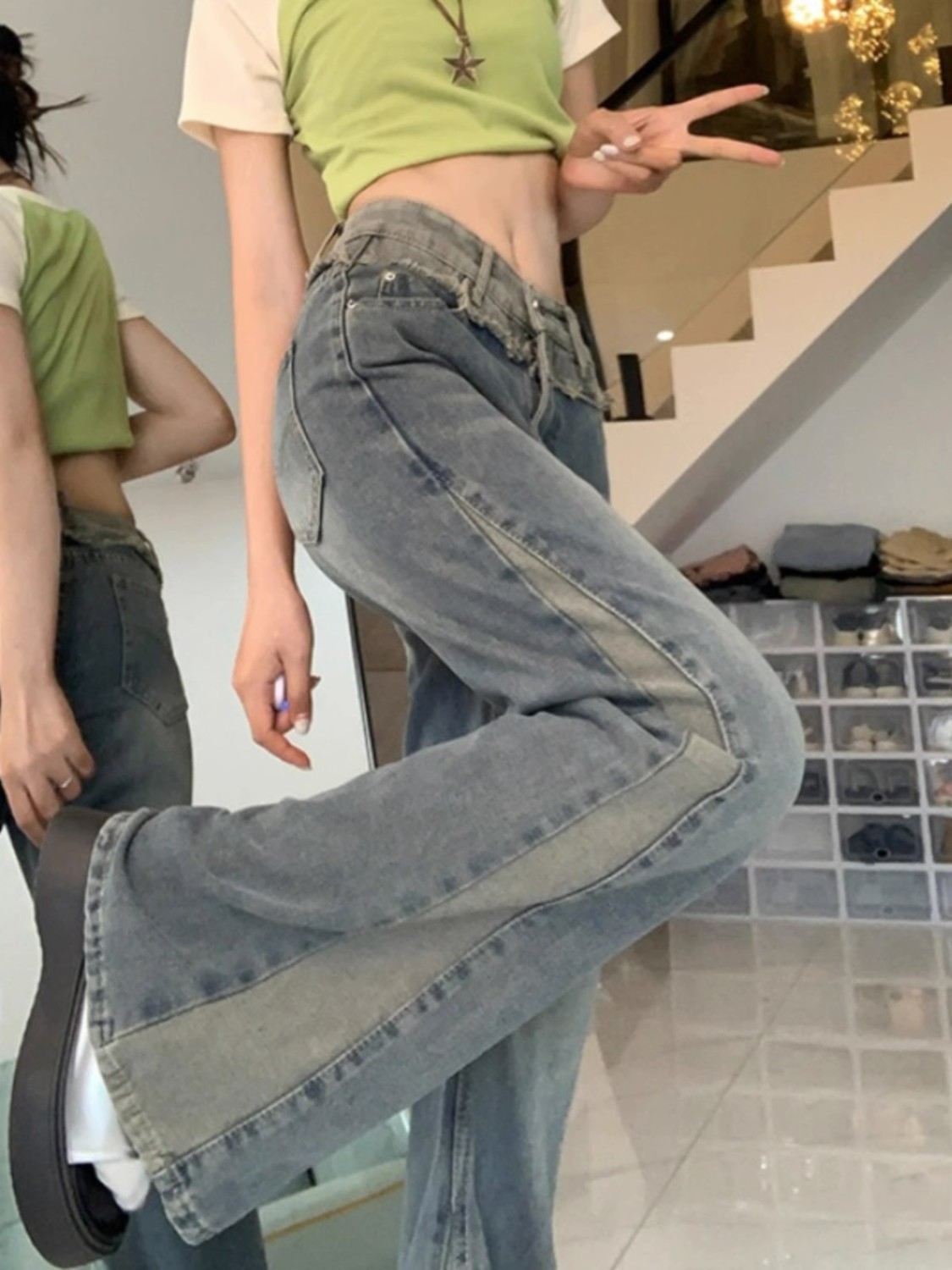 美式復古微喇牛仔褲女大碼胖mm設計感小眾梨形身材直筒闊腿喇叭褲