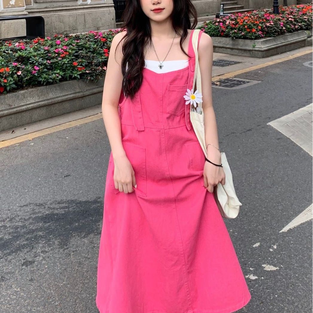 Candy color big skirt with suspenders skirt women's spring and autumn summer loose lazy style all-match fashion mid-length dress trendy