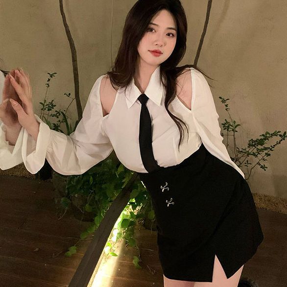 大碼女裝2022春夏季新款職場lady露肩長袖襯衫上衣胖mm半身裙套裝
