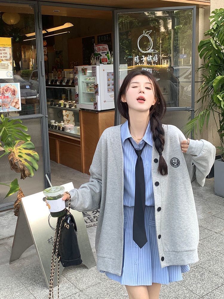 大碼學院風長袖衛衣外套女秋季2023新款設計感氣質寬鬆百搭兩件套