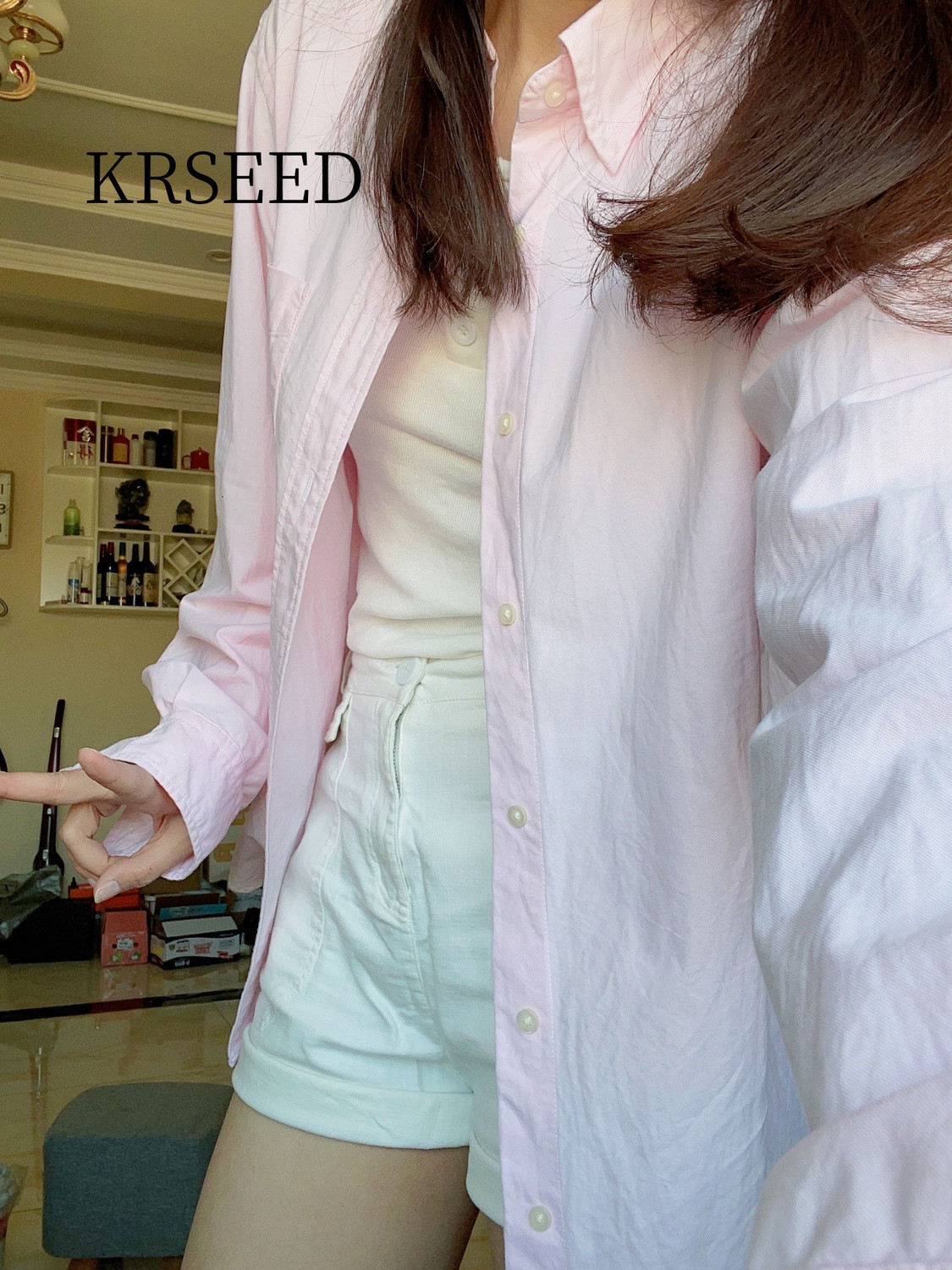 KRSEED休閒簡約polo領襯衣新款春秋顯瘦百搭單排扣長袖粉色襯衫女