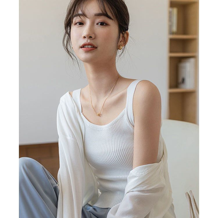 小吊帶背心女2022夏一字領外穿短款修身內搭打底衫黑白色針織上衣