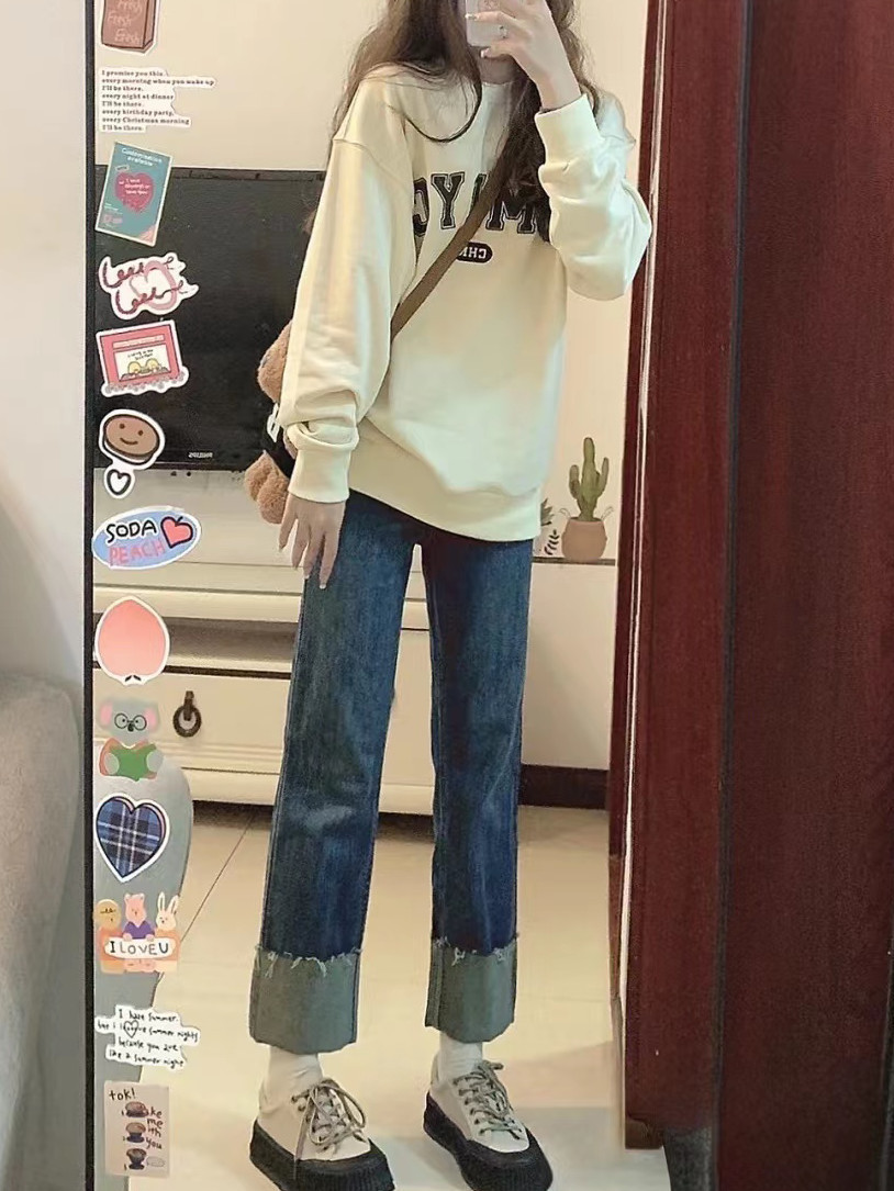 卷邊煙管牛仔褲女秋冬大碼胖mm高腰顯瘦港風百搭彈力九分直筒褲子
