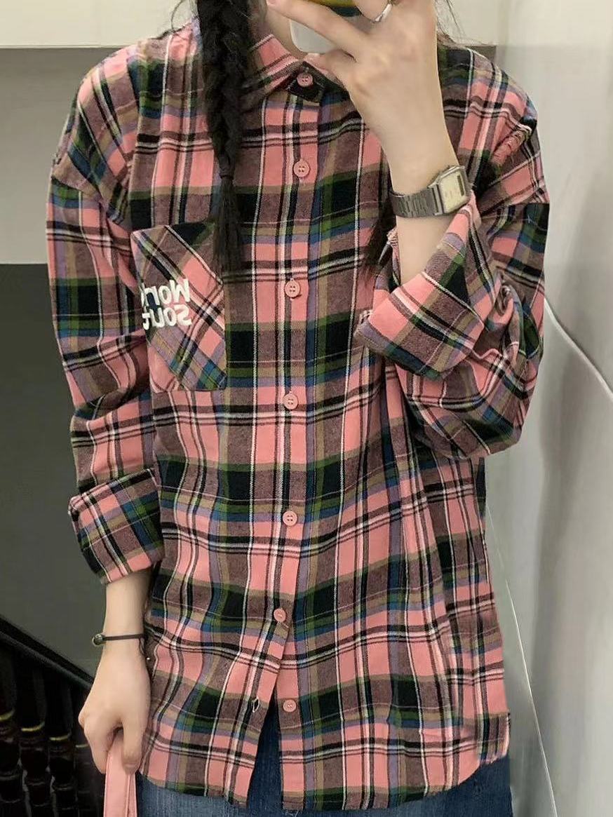2023新款韓系粉綠色格紋襯衫女寬鬆休閒顯瘦中長款長袖襯衣外穿潮