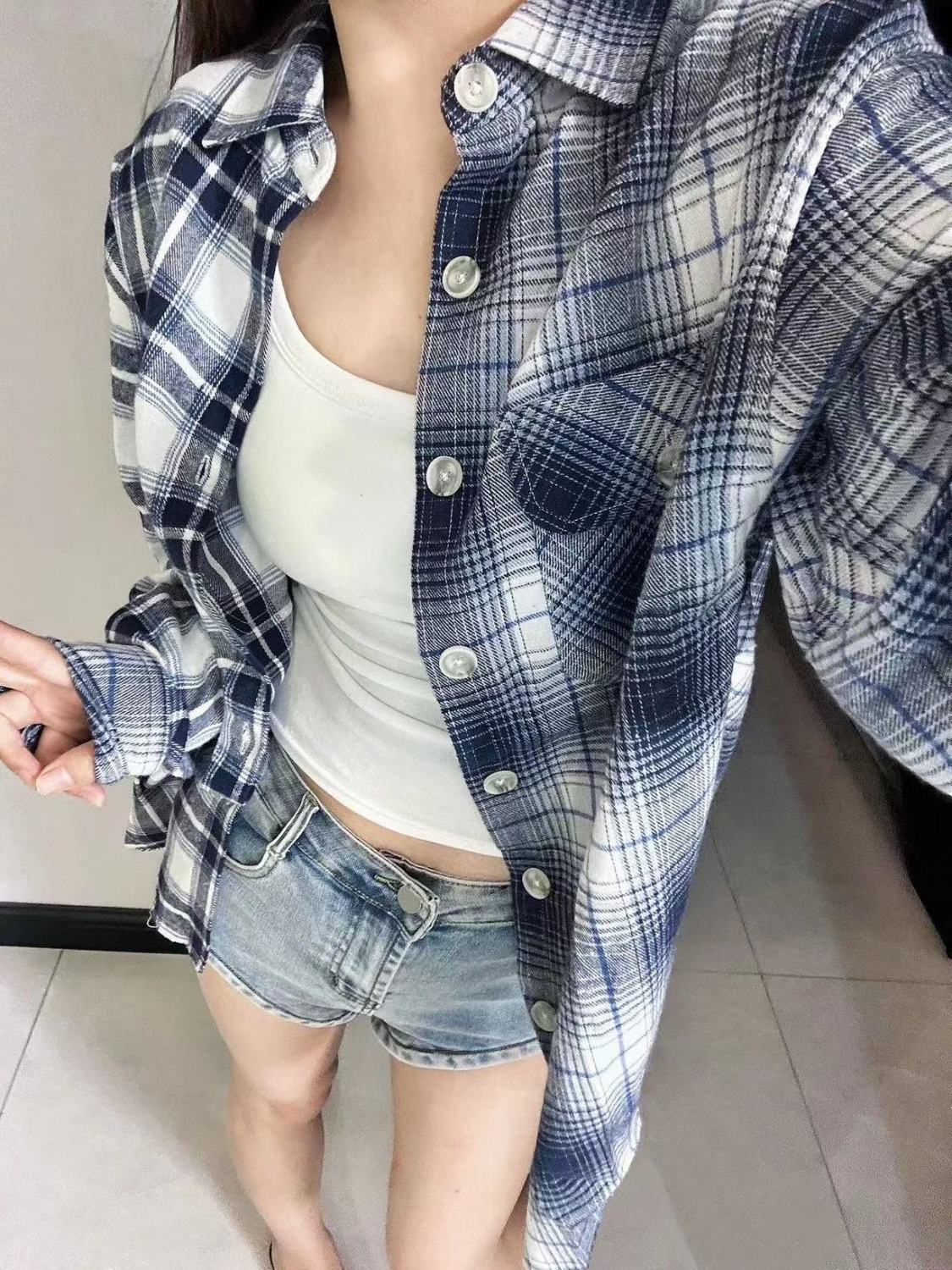 2023夏季薄款防曬格紋襯衫女港風寬鬆休閒情侶款oversize襯衣外穿