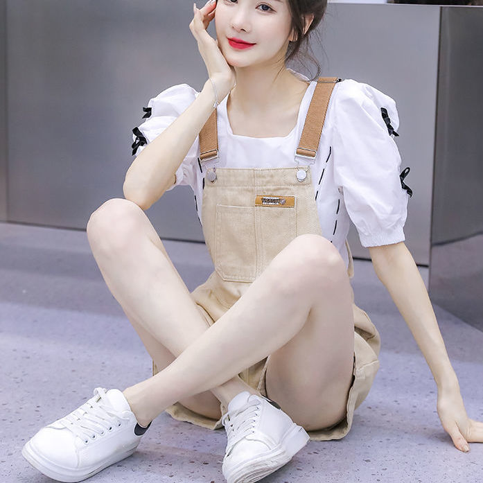 少女牛仔背帶短褲小個子可鹽可甜兩件套夏裝洋氣學院風可愛套裝女
