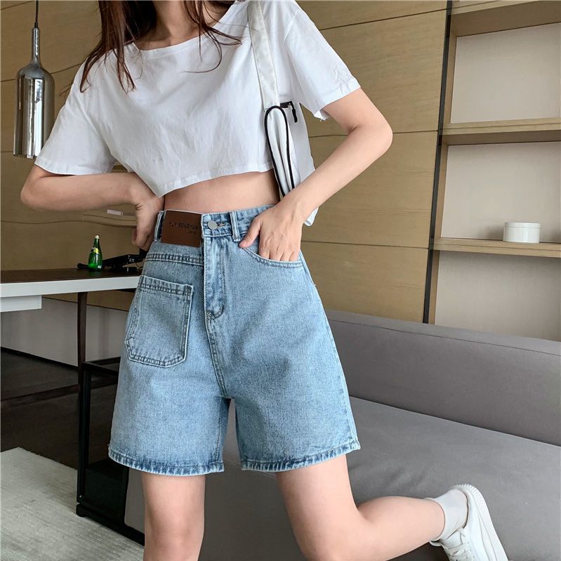 High waist five-point shorts women's summer  new small wide-leg jeans loose straight A-line pants ins tide