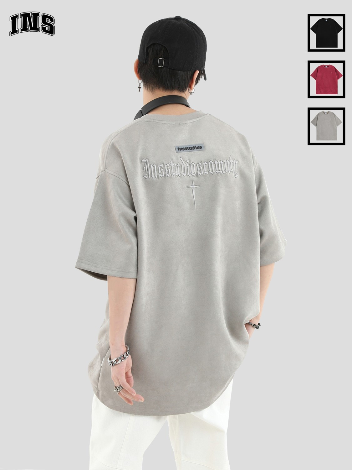 INSstudios 國潮牌情侶美式哥特LOGO刺繡麂皮絨短袖寬鬆半袖T恤男
