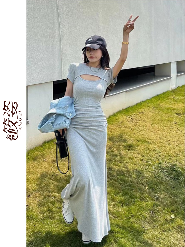 筱姿新款時尚洋氣甜辣高級長款收腰顯瘦連衣裙領鏤空短袖T恤長裙