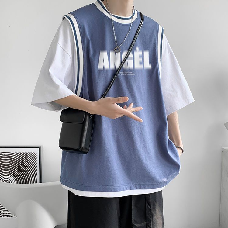 港風夏季假兩件短袖T恤男ins學生大碼寬鬆潮牌球衣青少年休閒衣服