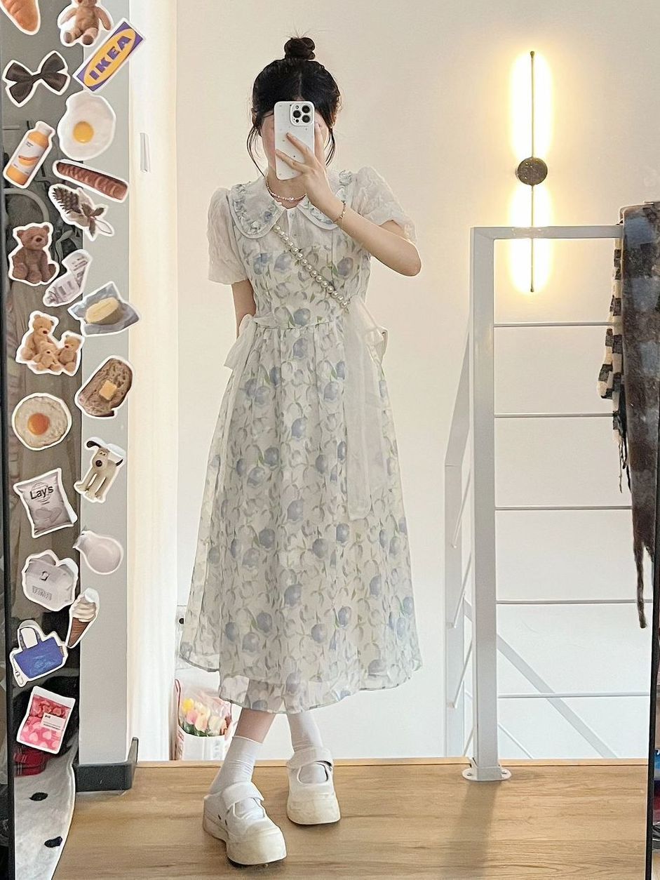 Sweet college style fake two-piece bowknot doll collar floral dress female student Korean version age-reducing A-line skirt