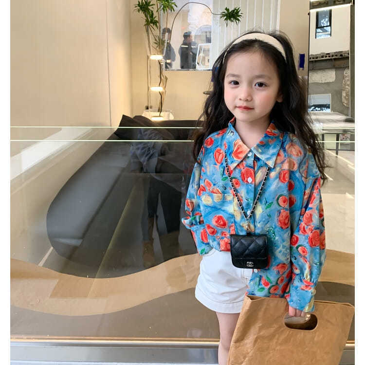 女童复古印花衬衫2023新款宝宝上衣时髦韩版母女装洋气长袖衬衣潮