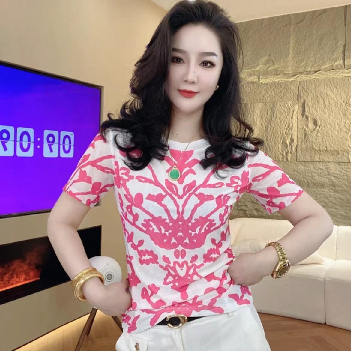 夏裝新款韓版甜美圓領印花短袖2023時尚拼色氣質修身顯瘦減齡上衣