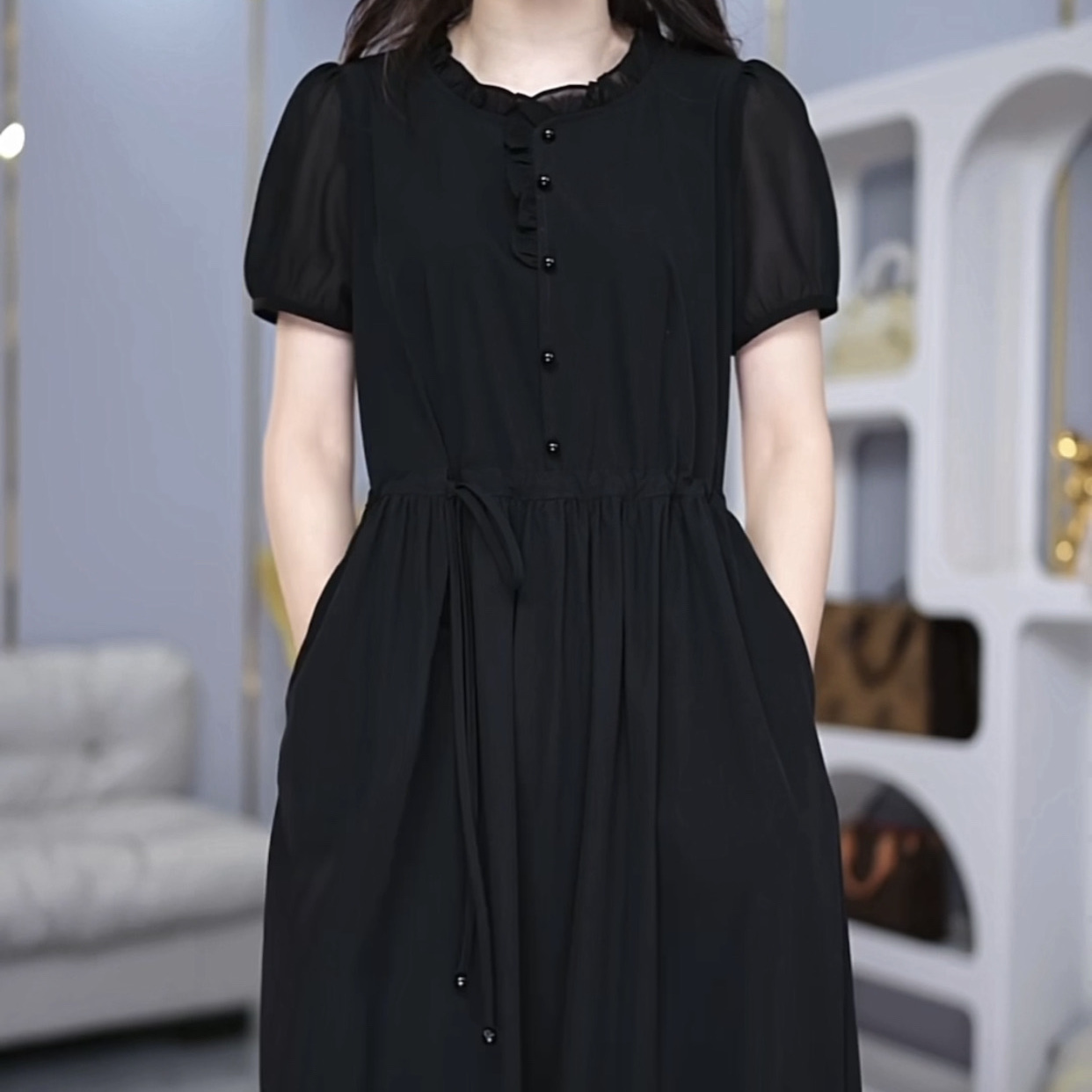 洋氣顯瘦冰絲四面彈連衣裙2023新款女裝夏季短袖高檔遮肉小黑裙子