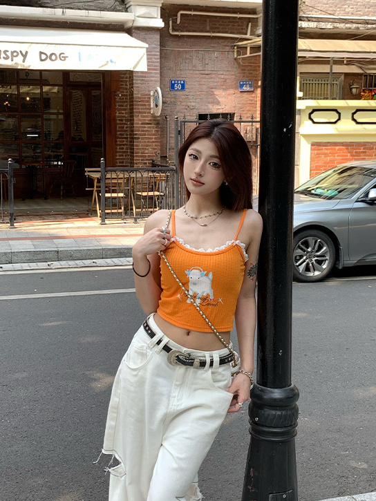 芭蕾風可愛小羊圖案印花吊帶女夏外穿修身背心純欲蕾絲邊短款上衣