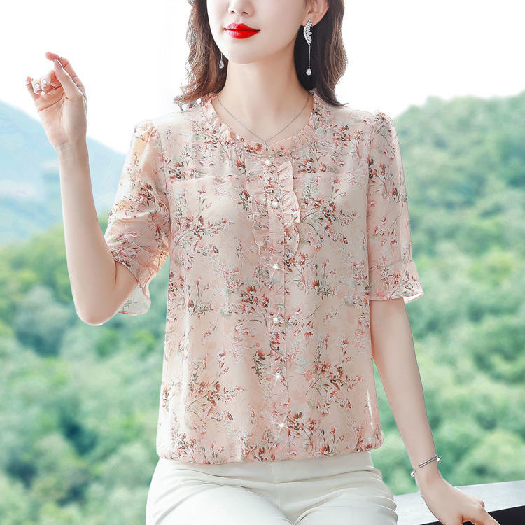 2023夏季新款碎花雪紡衫上衣洋氣印花小衫遮肚子百搭媽媽裝打底衫