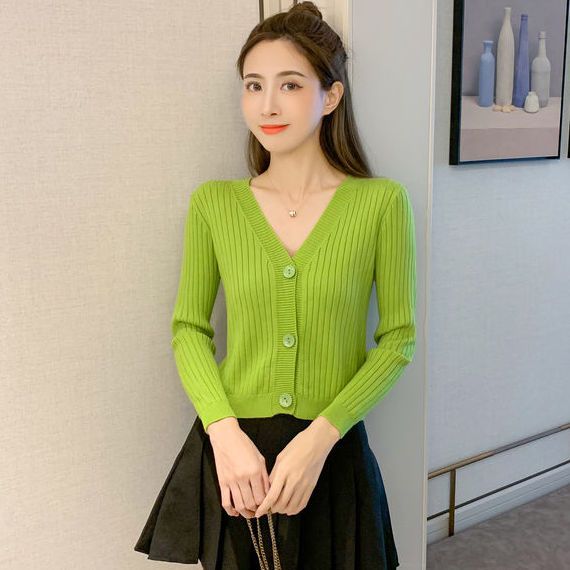2021春秋新款针织衫女开衫牛油果绿短款外搭宽松披肩空调衫小外套