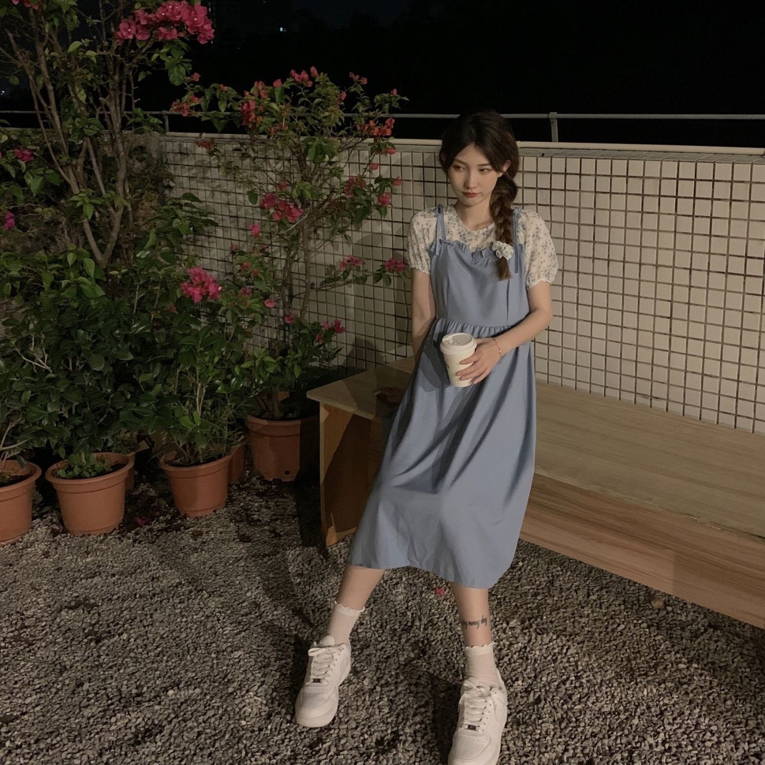 Fake two-piece floral first love dress female French style small college style waist waist temperament A-line skirt small and fresh