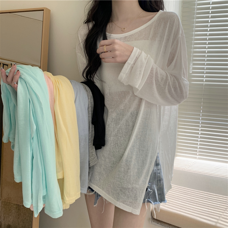 Thin lazy sunscreen shirt long-sleeved T-shirt women's summer air-conditioning blouse fat MM large size 300 catties loose outer top