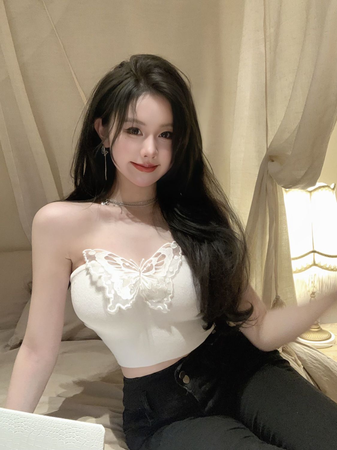 純欲風蝴蝶抹胸小背心女夏季甜辣妹白色性感內搭打底修身短款上衣