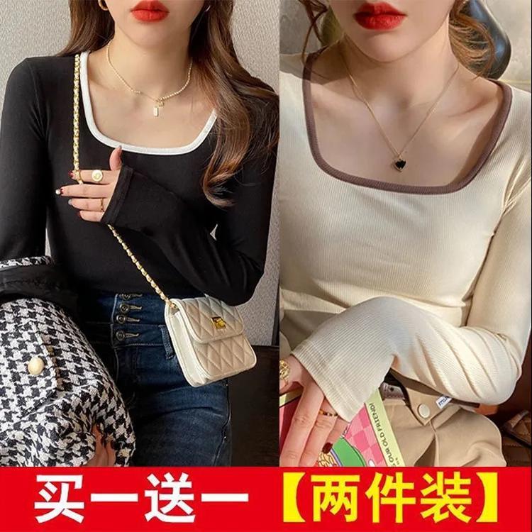 Bottom shirt top women's spring and autumn new slim fit and thin square collar with low collar all-match ins long-sleeved t-shirt women